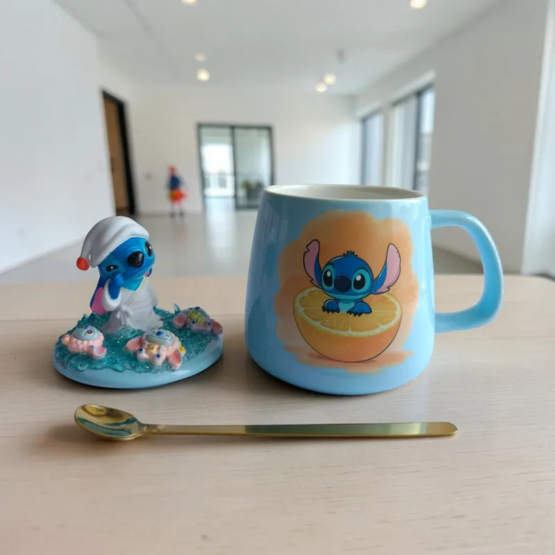 Blue Stitch-themed ceramic mug with separate figurine lid and gold-toned spoon