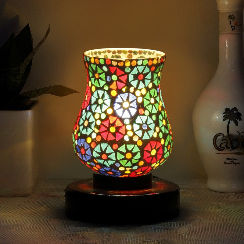 Crystalyn Mosaic Glass Table Lamp With Wooden Base - Multicolor
