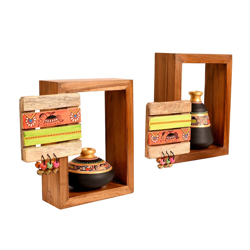 Pankhuri Terracotta & Wood Wall Shelve With Pot - Four Piece Set media 3