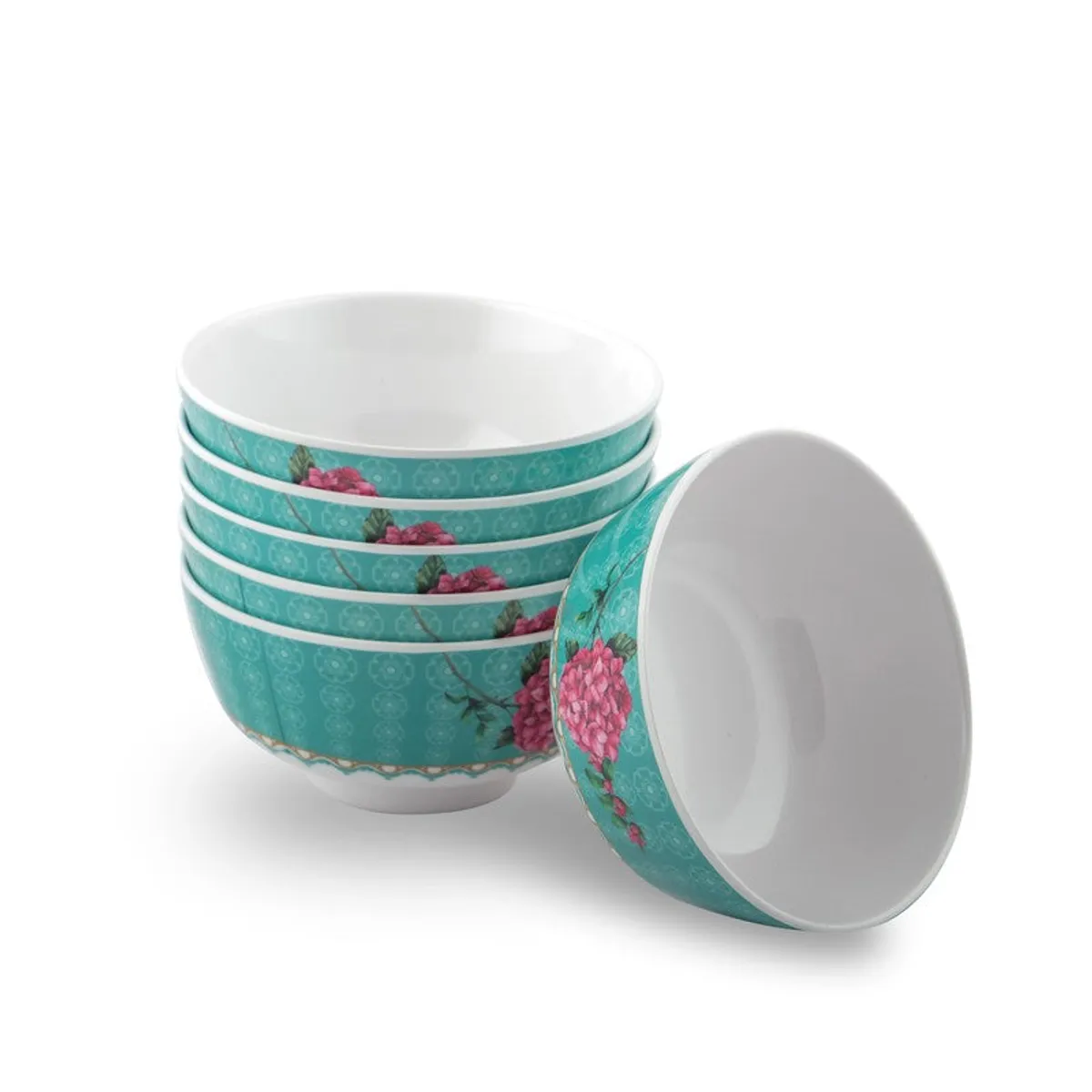 Six teal floral bowls shown stacked with one bowl placed on its side.