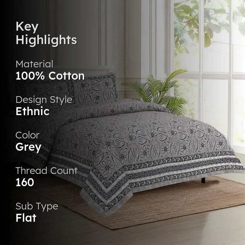 Yuvara Floral Cotton Bedsheet (Grey) - 160 TC media 2