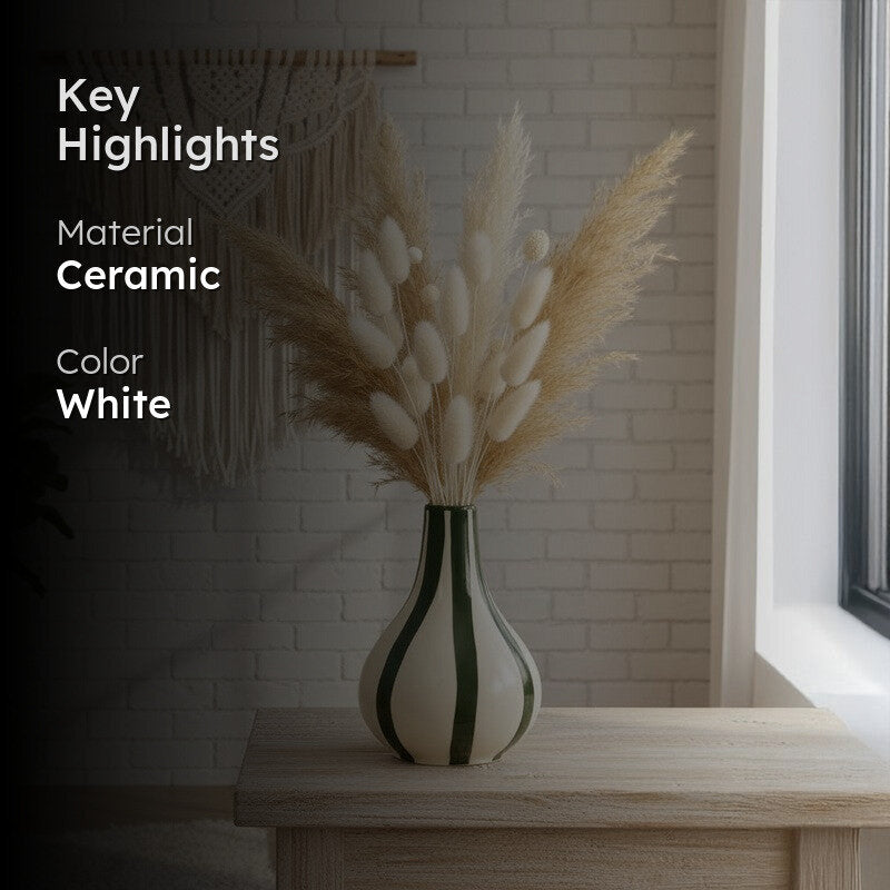 Waveon Ceramic Flower Vase - White,Green media 2