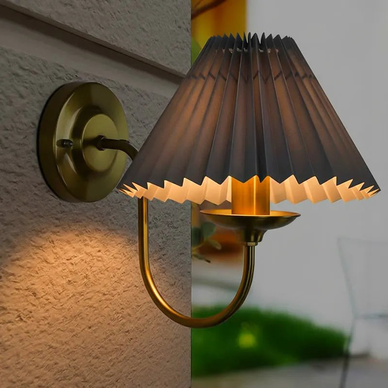 French Pleat Fabric & Metal Wall Lamp - Gold & Grey media 1