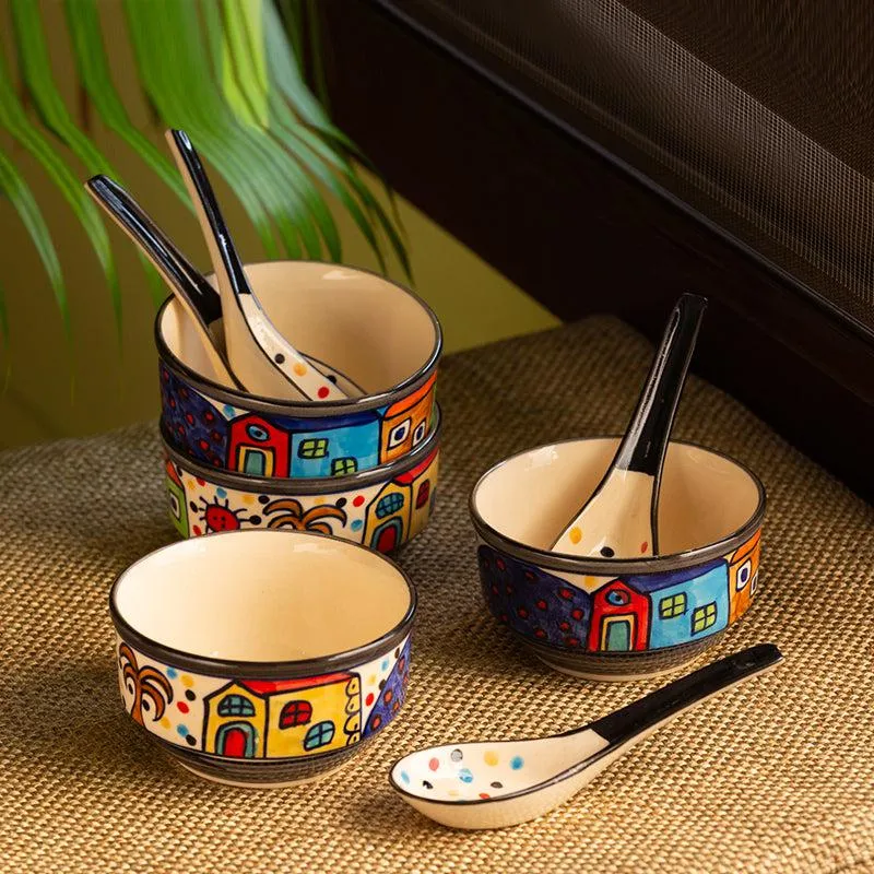 Coastal Cottage Handpainted Ceramic Soup Bowl With Spoon (260 ML) - Eight Piece Set media 1