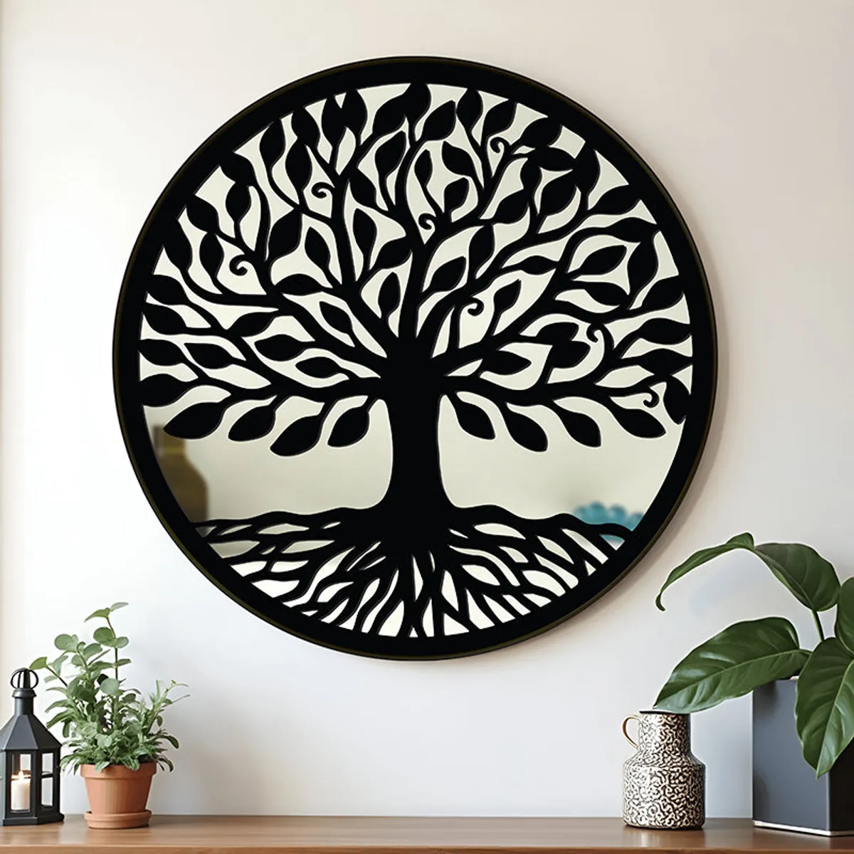 Round black wall mirror with tree and roots design