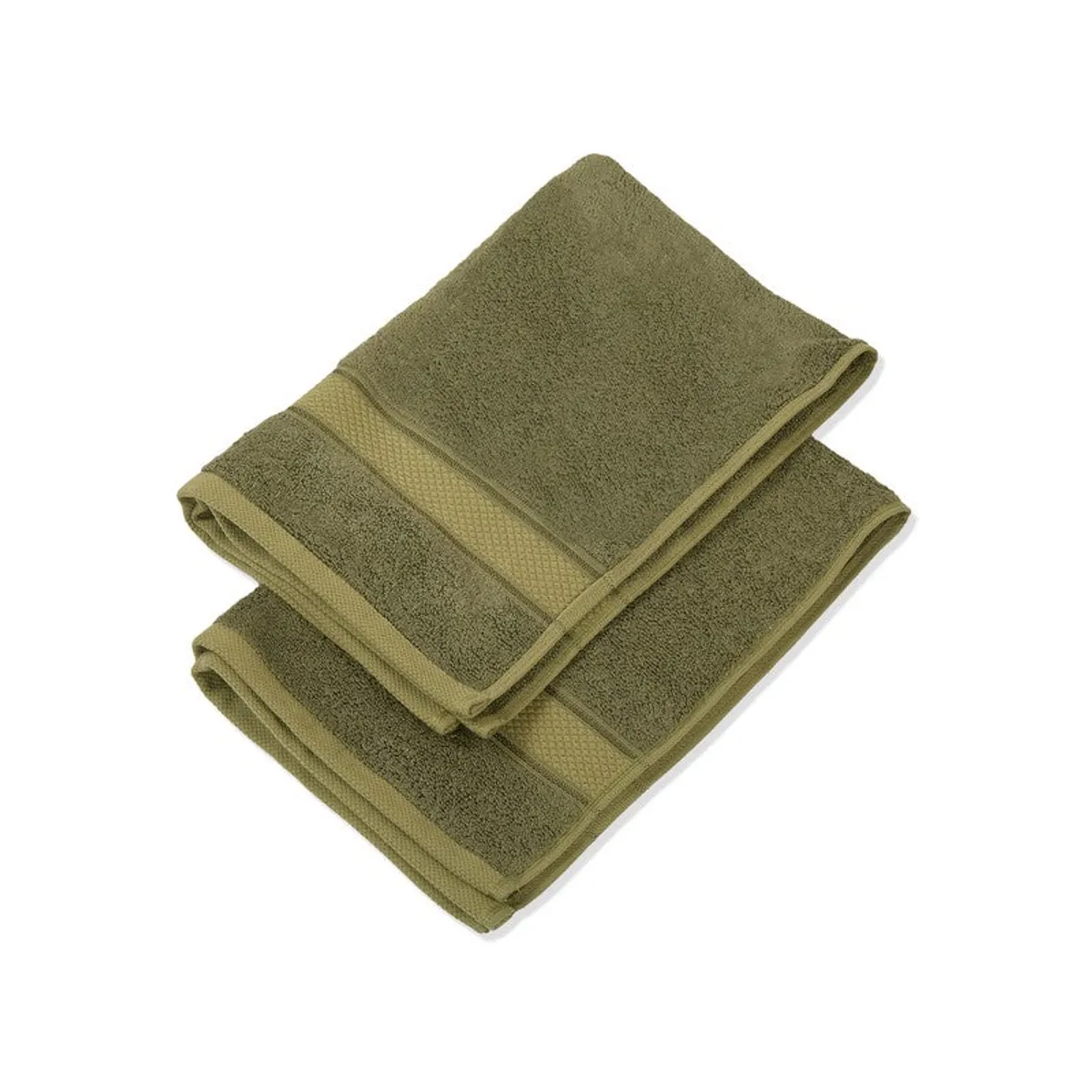 Stack of olive green hand towels showing their soft textured surface