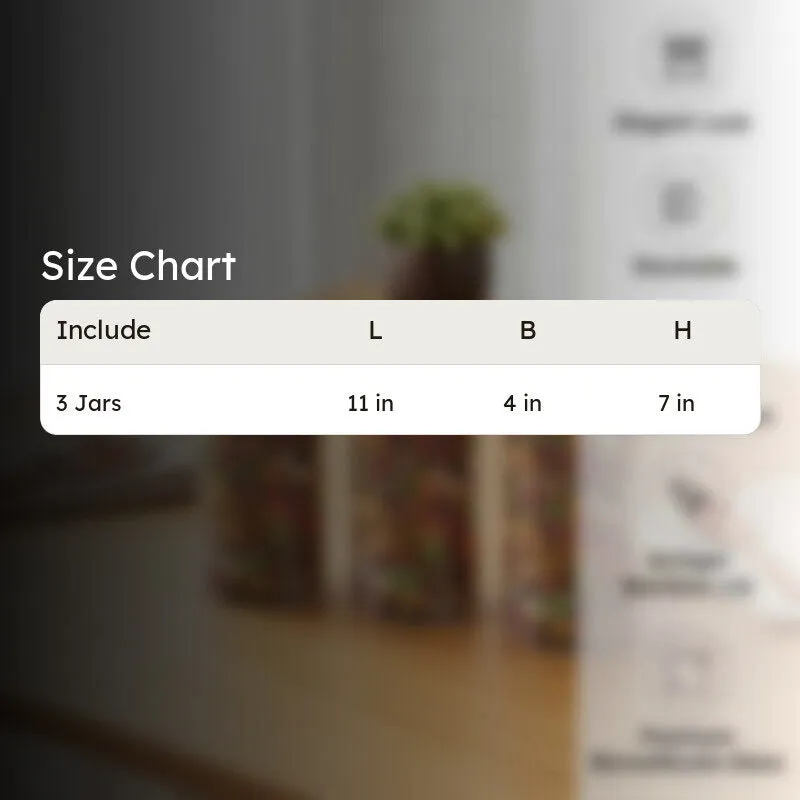 Three glass jars shown with a size chart against a softly blurred kitchen setting.
