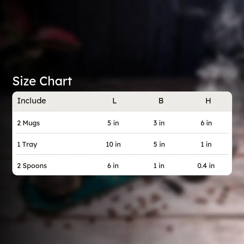 Mug, spoon and tray size chart shown with measurements
