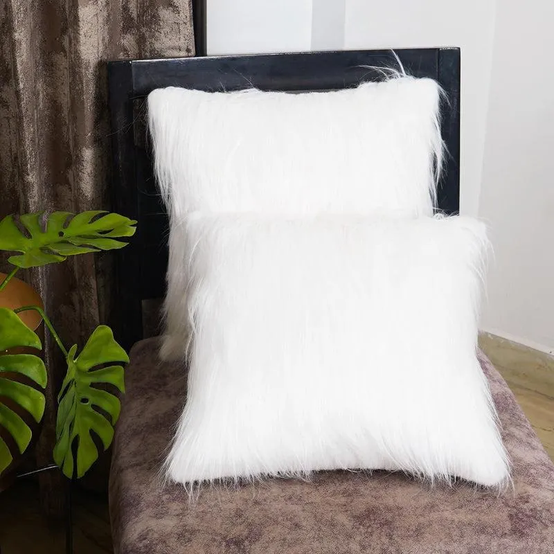 Velvuro Faux Fur Solid Cushion Cover (White) - Set Of Two media 4