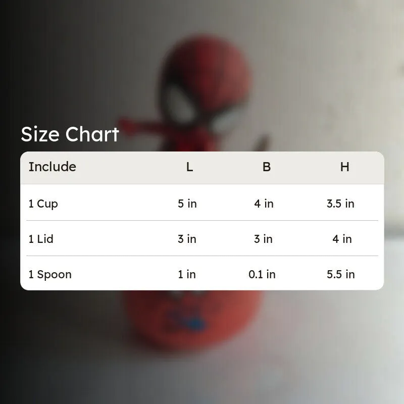 Size chart graphic for mug, lid and spoon dimensions
