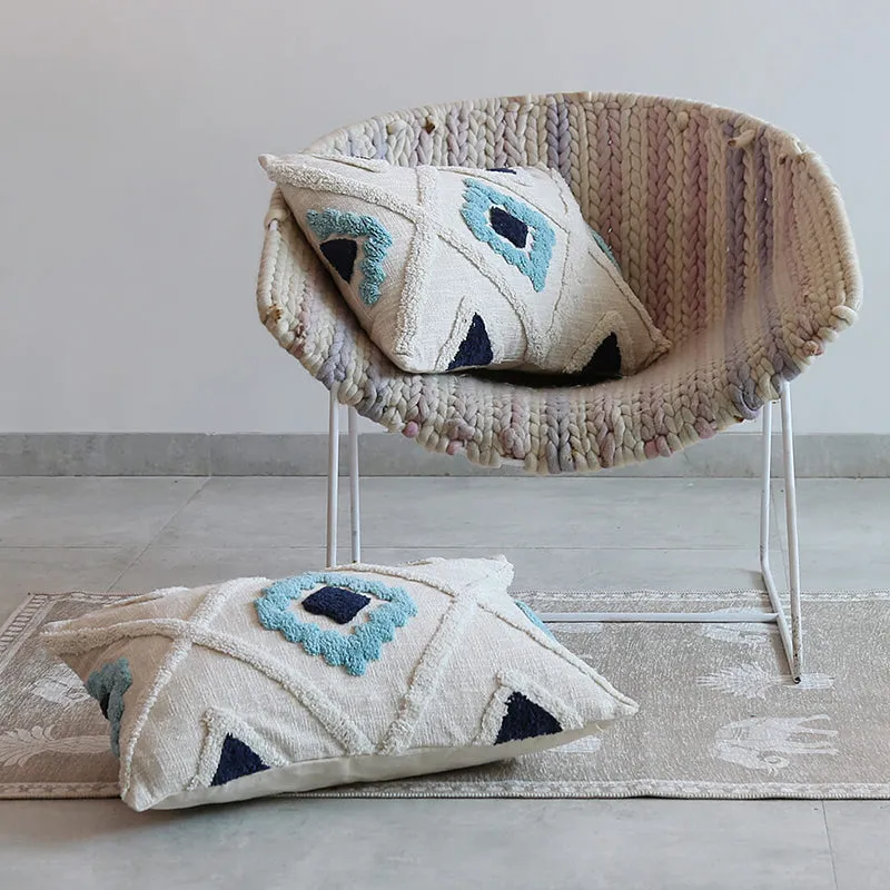 India Circus Terra Spades Tufted Cotton Cushion Cover (White & Blue) - Set Of Two media 3