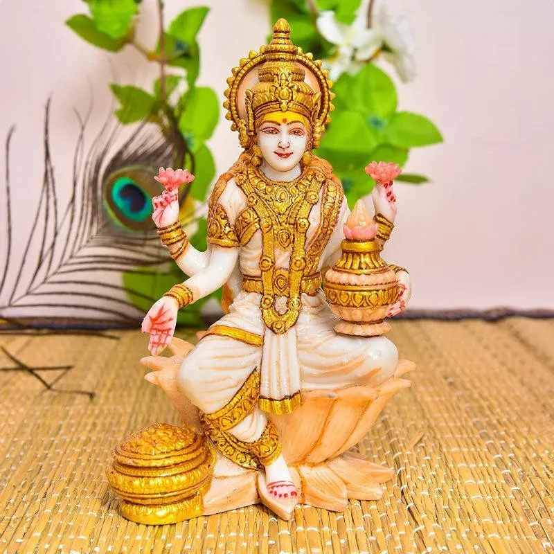 Sacred Lotus Seated Lakshmi Marble Idol media 1