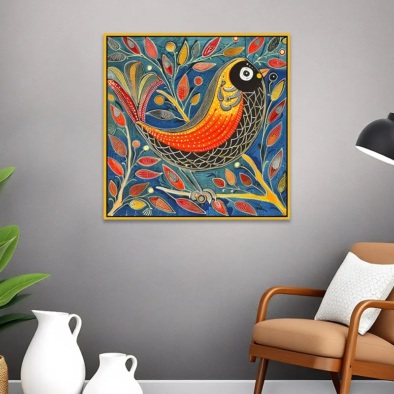 Colourful Avian Canvas Wall Painting With Frame - Gold media 1