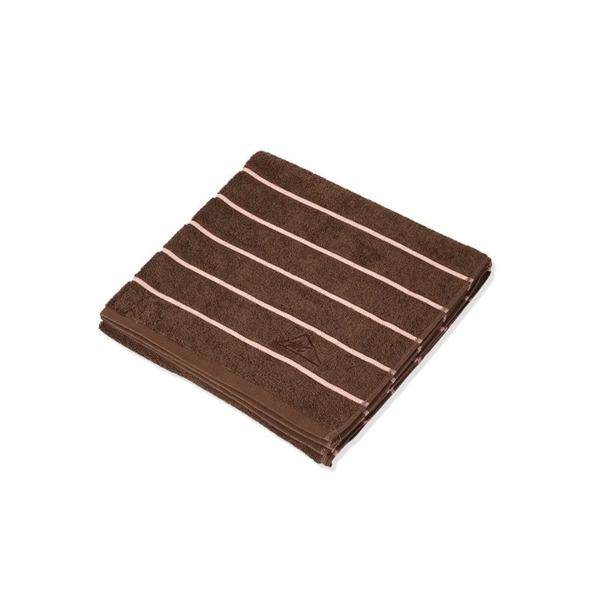 Brown striped bath towel shown folded on a white background