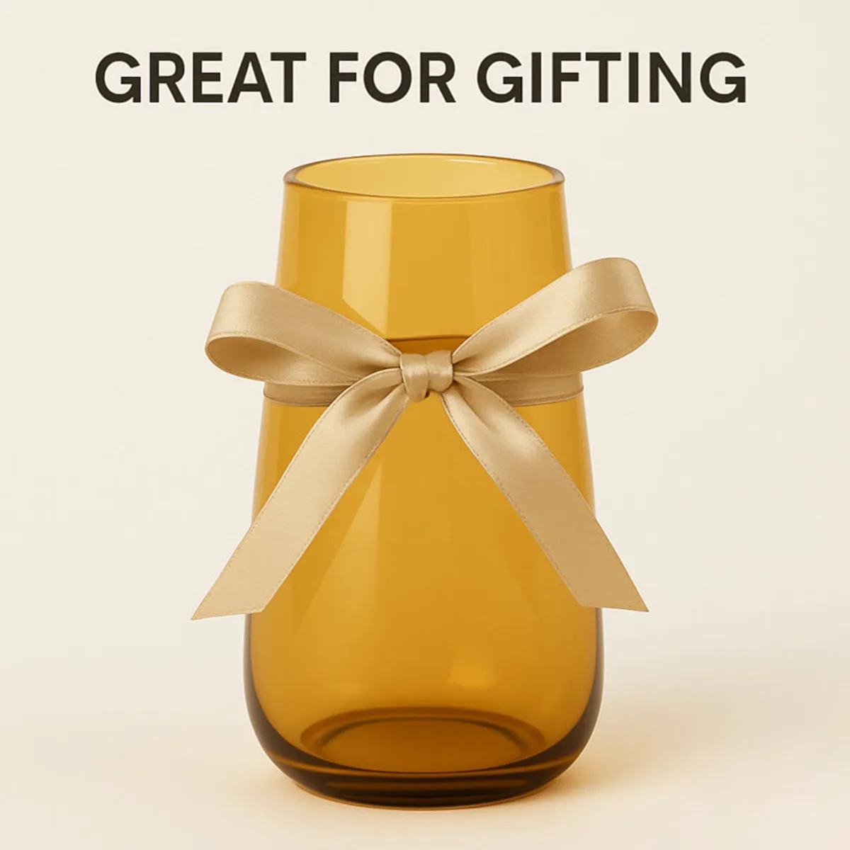 Plain brown glass vase tied with a beige ribbon against a light background