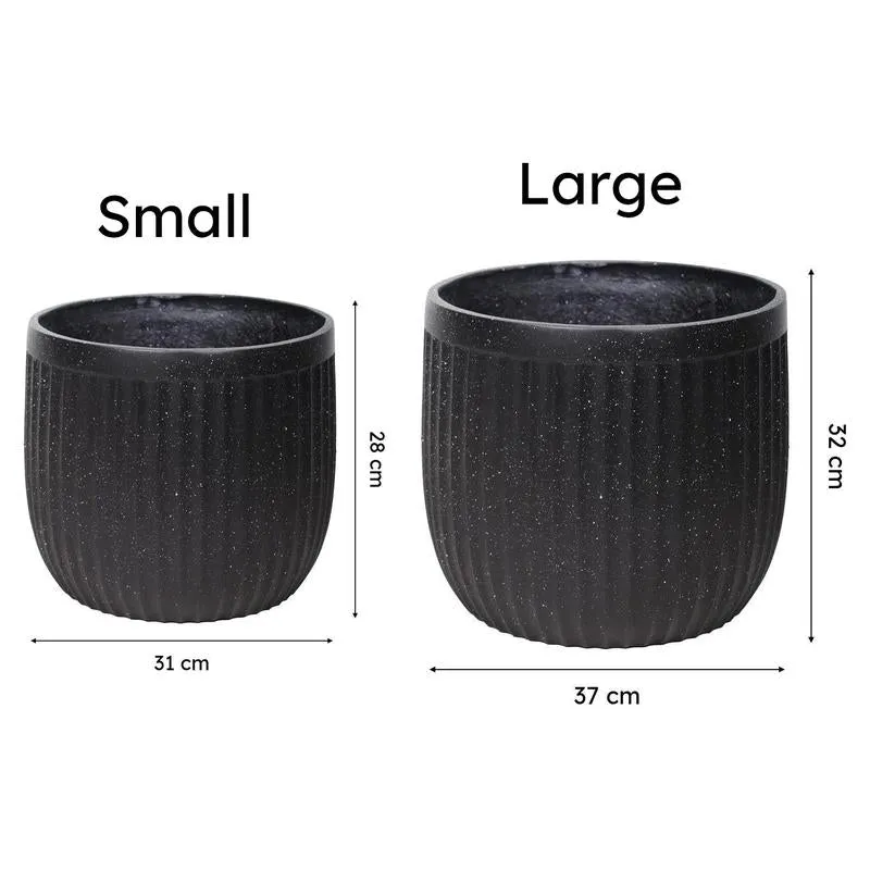 Side-by-side visual showing Small and Large black planter sizes