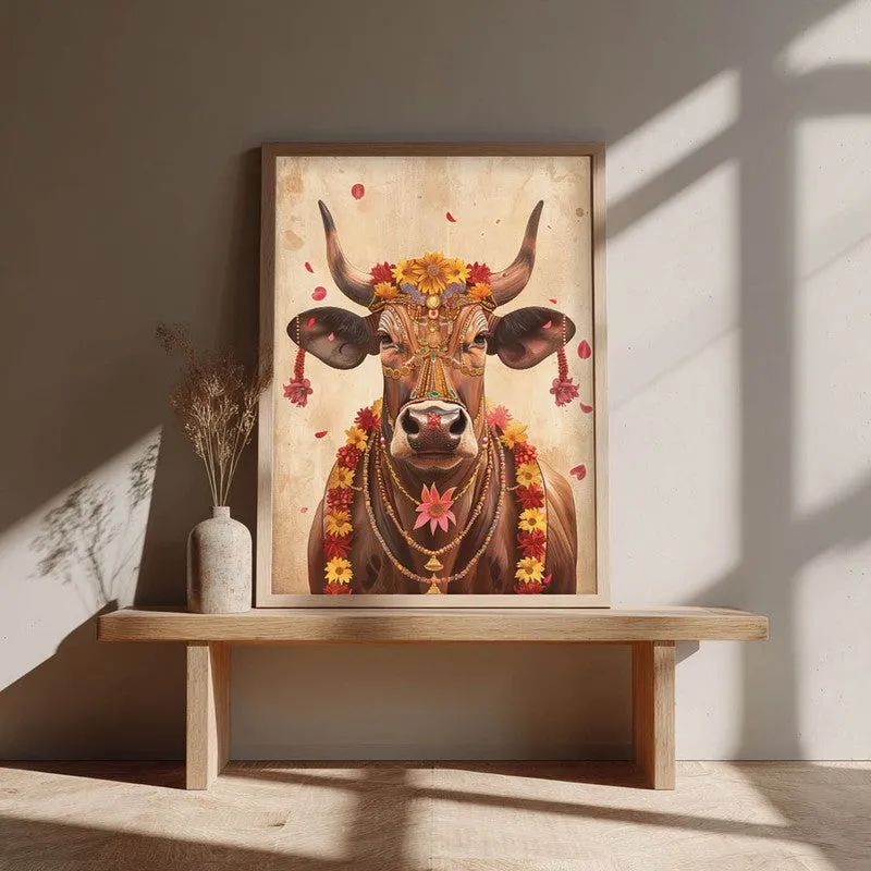 Divine Cow Traditional Canvas Wall Painting With Brown Frame media 6