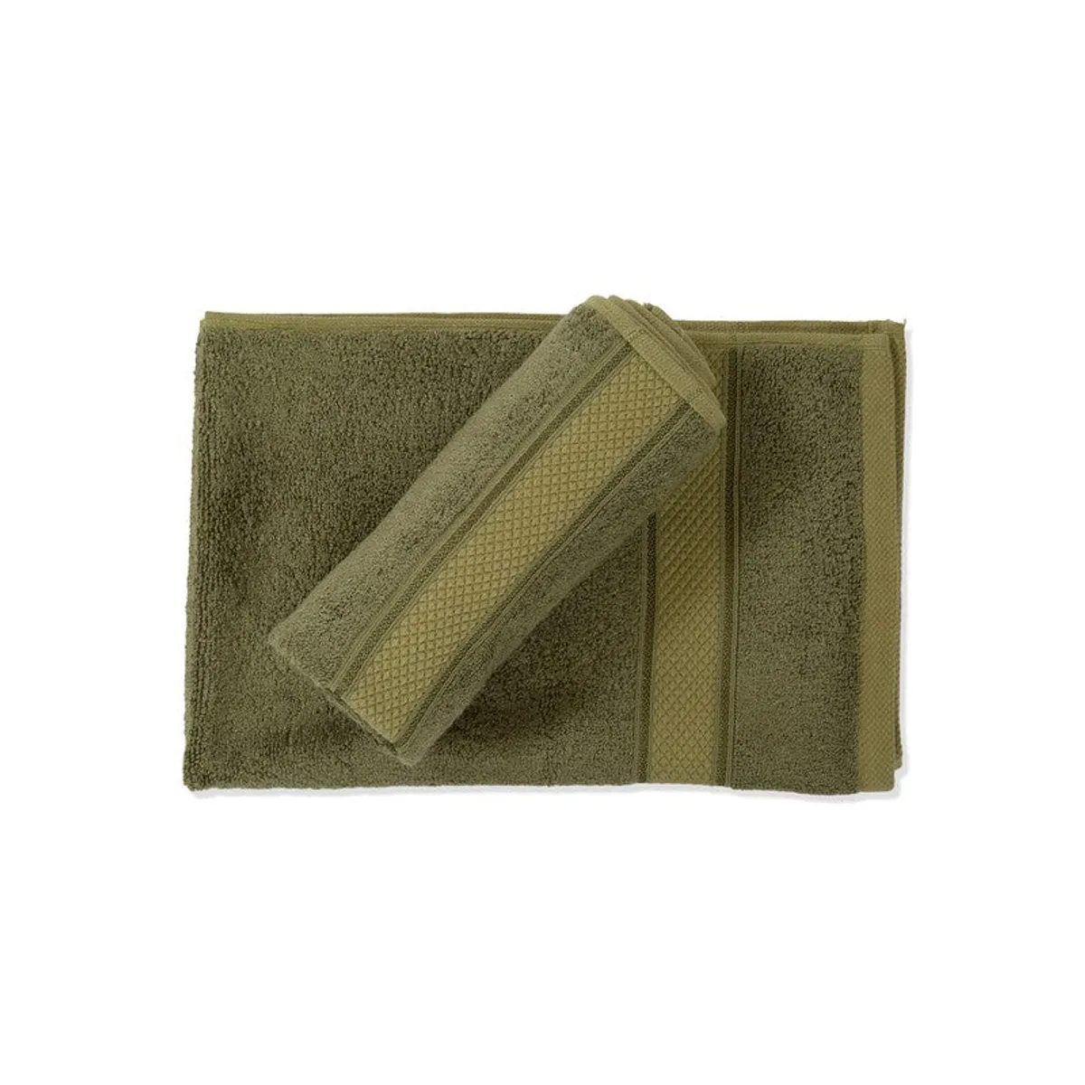 Two olive green towels displayed flat with contrasting border bands
