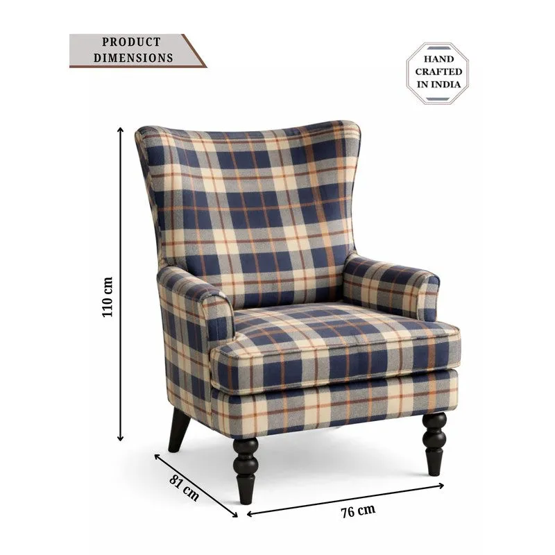 Navy Check Teak Wood & Velvet Upholstered Lounge Chair media 8