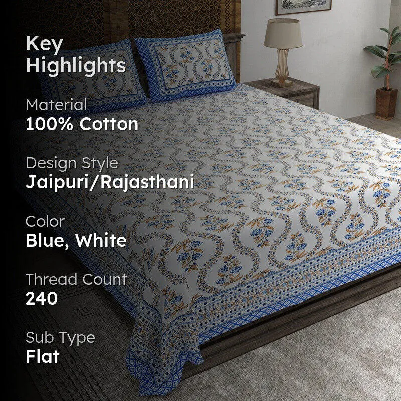 Griden Cotton Bedsheet (Blue,White) - 240 TC media 2