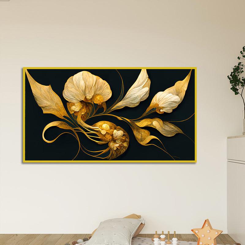Aurum & Obsidian Floral Canvas Wall Painting With Frame - Gold