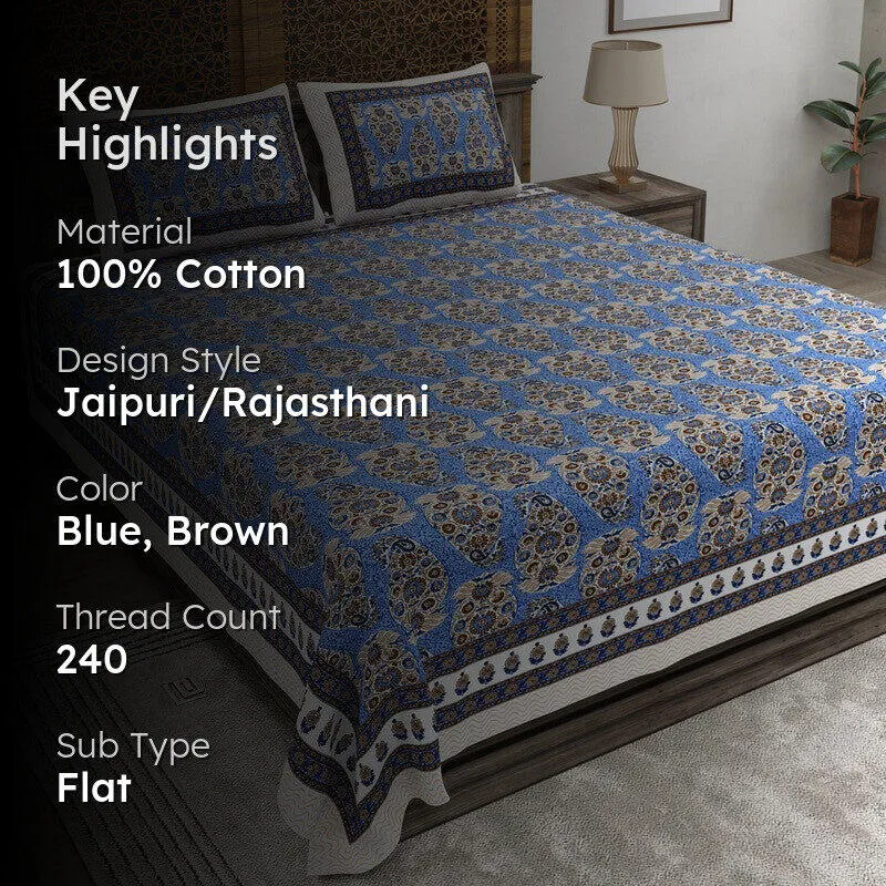 Artor Cotton Bedsheet (Blue,Brown) - 240 TC media 2