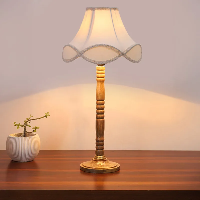 Misty Glow Table Lamp With Carved Wooden Base - White,Brown media 1