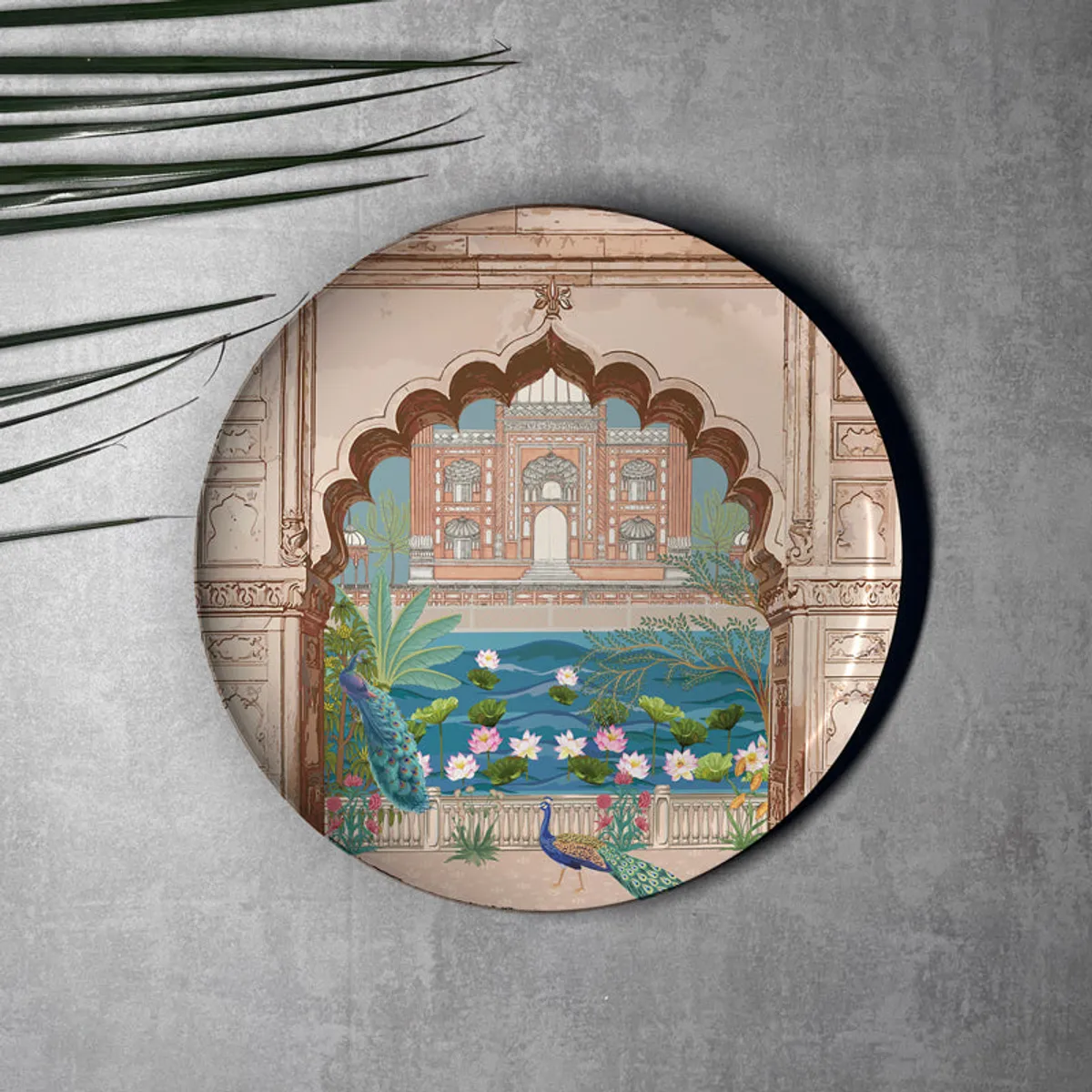 Round wall plate with palace arch, lotus pond and peacock motif