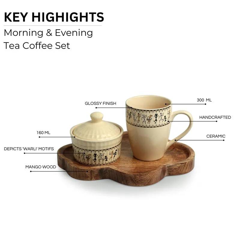 Warli Whirls Handpainted Ceramic High Tea Set (300 ML & 160 ML) - Three Piece Set media 5