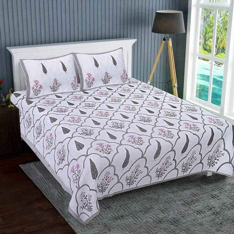 RiwaayatWhite Handblock Printed Cotton Bedsheet (Brown) - 400 TC media 1