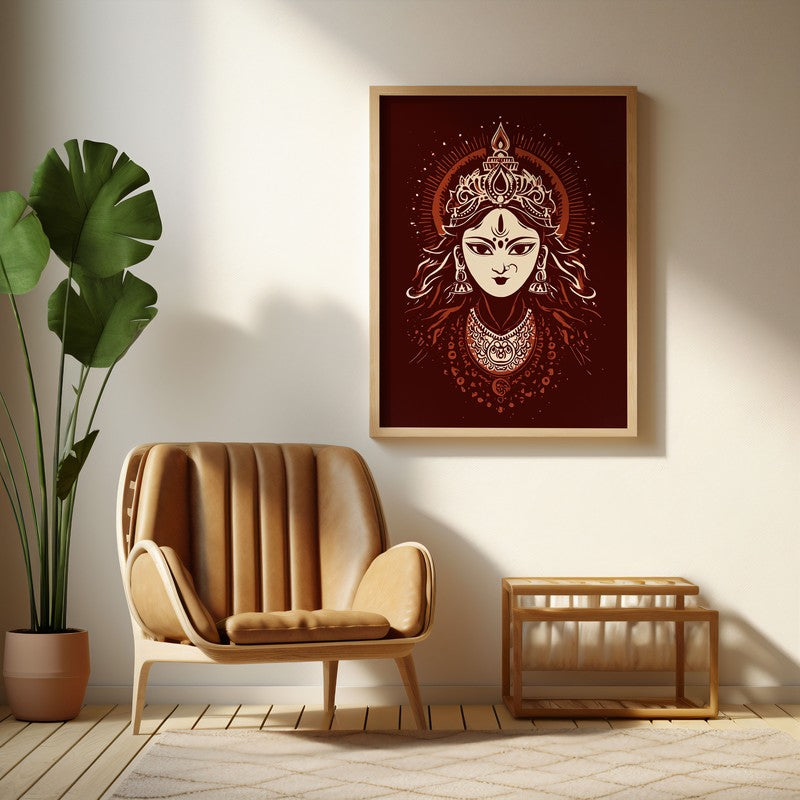 Divine Power Maa Durga Archival Paper Wall Art - Natural Brown Frame