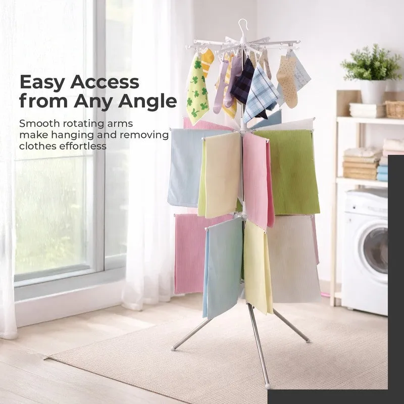 Rotating white drying rack with cloths in a bright indoor setting