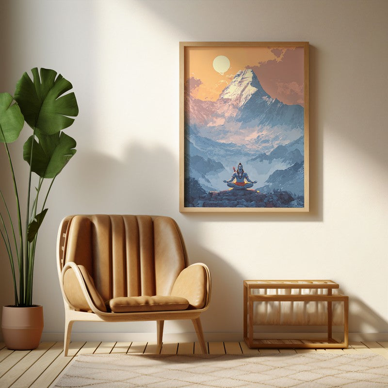 Mahadev Meditating Blissful IV Wall art - Natural Brown Frame