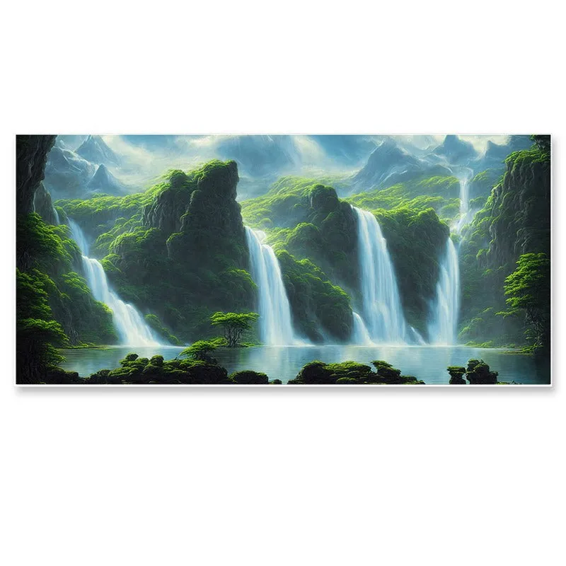Front view of a rectangular waterfall landscape canvas with white frame