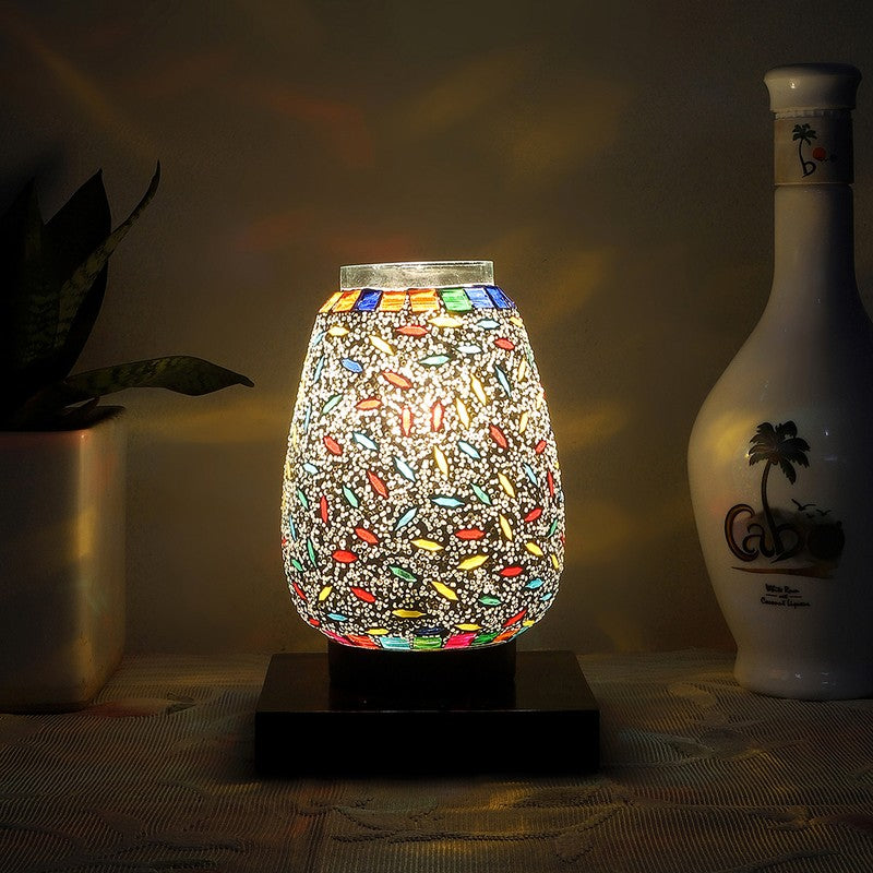 Vibrora Mosaic Glass Table Lamp With Wooden Base - Multicolor