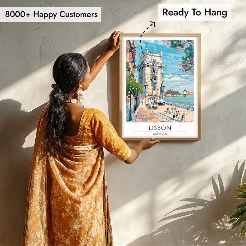 Vintage Lisbon Framed Canvas Archival Canvas Wall Painting - Natural Brown Frame media 7
