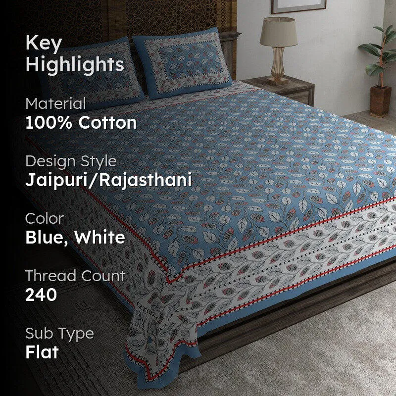 Crafta Cotton Bedsheet (Blue,White) - 240 TC media 2