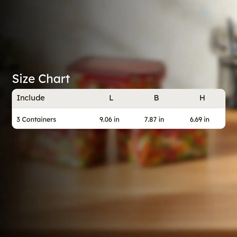 Size chart image showing three containers with length, breadth and height measurements