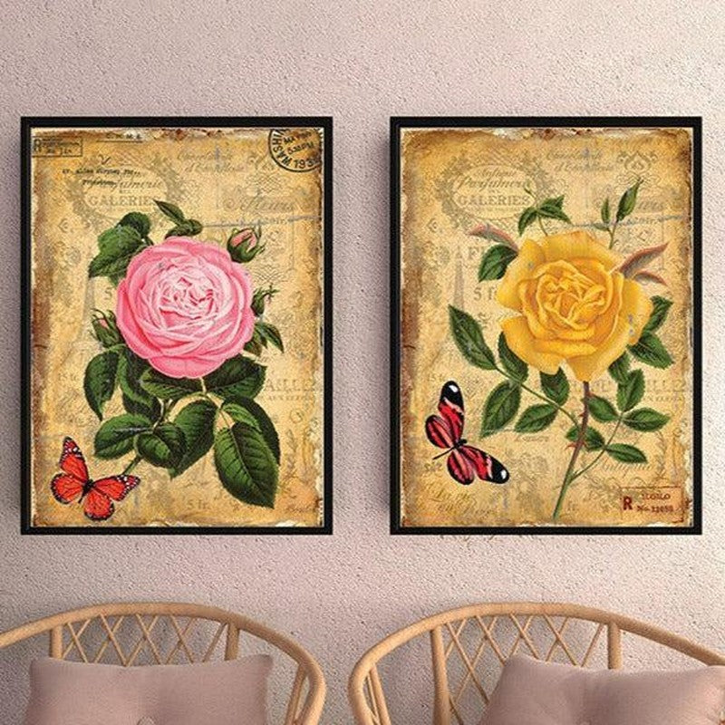 Retro Rosa Bloom Wall Painting - Set Of Two