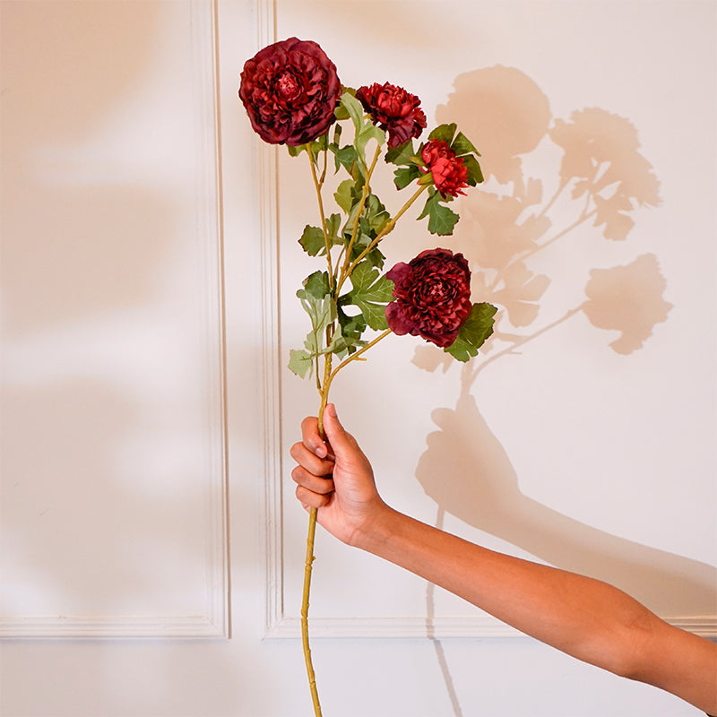 Faux Peony Flower Stick (Maroon) - 35 CM