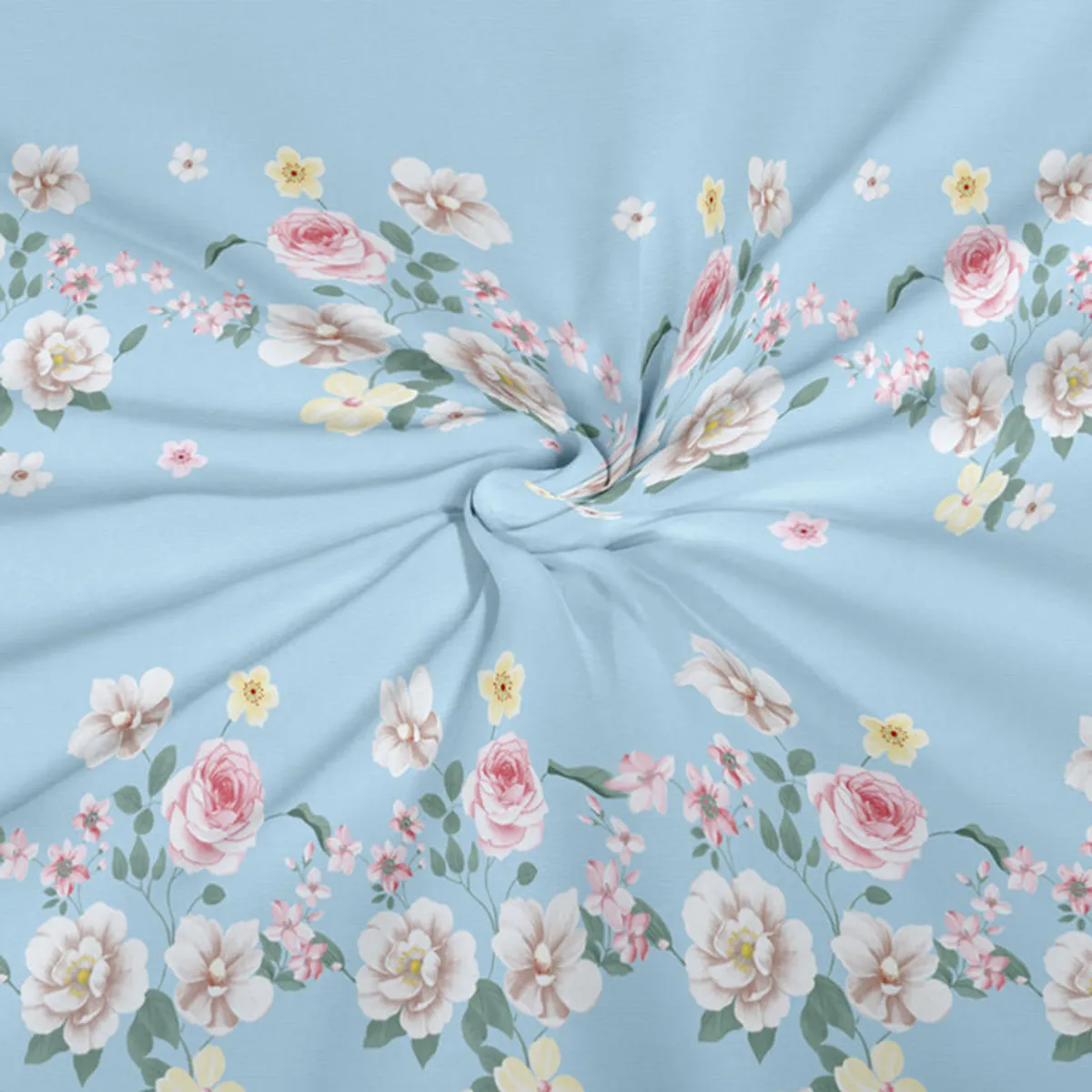 Close-up of blue fabric with pink and white floral print