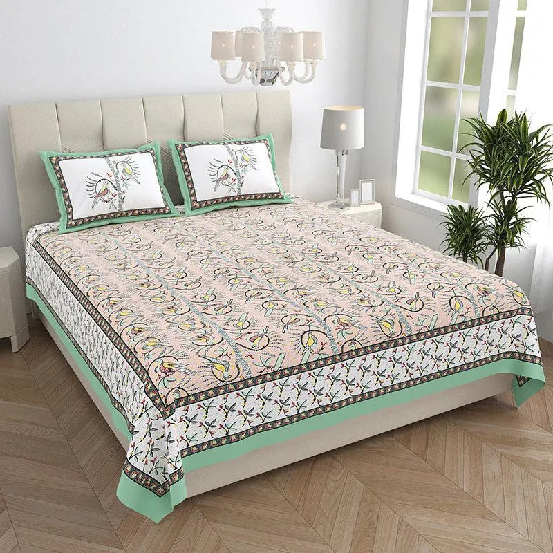 Tara Tranquility Ethnic Cotton Bedsheet (Green & Beige) - 150 TC media 1