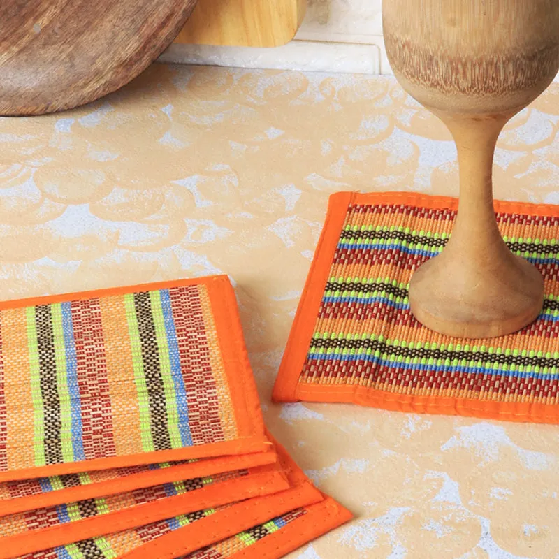 Chequered Zen Bamboo Coaster (Orange) - Set Of Four media 4