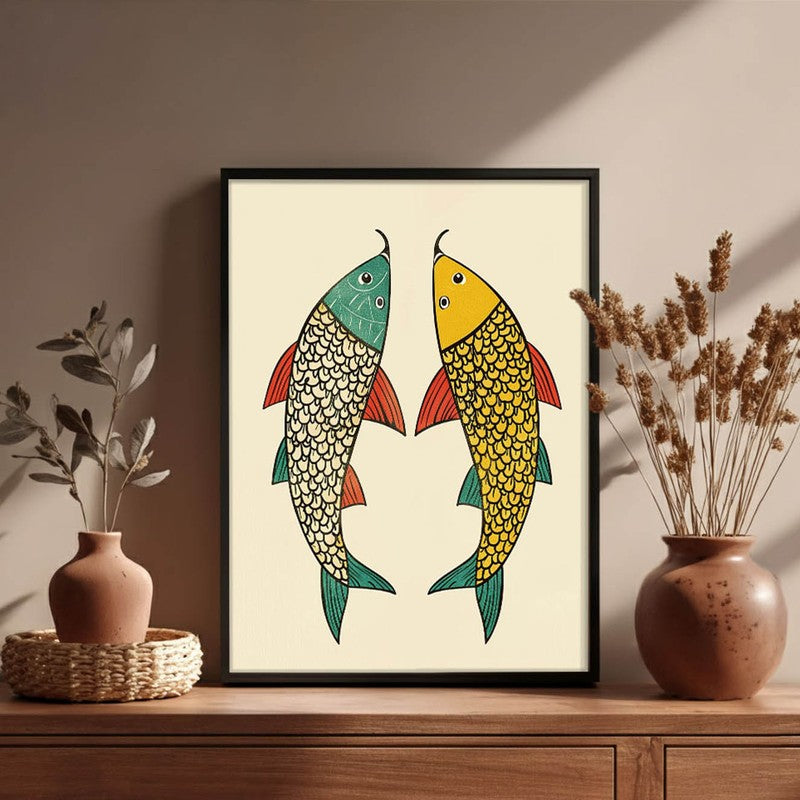 Twin Fish Folk Art Canvas Wall Painting With Black Frame media 7