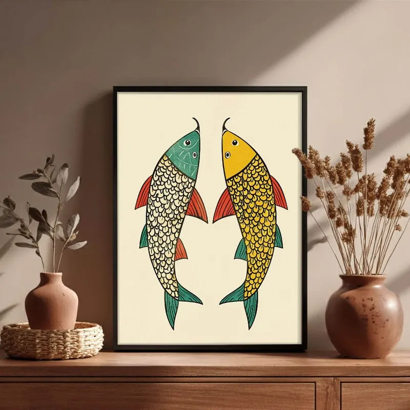 Twin Fish Folk Art Canvas Wall Painting With Black Frame media 7