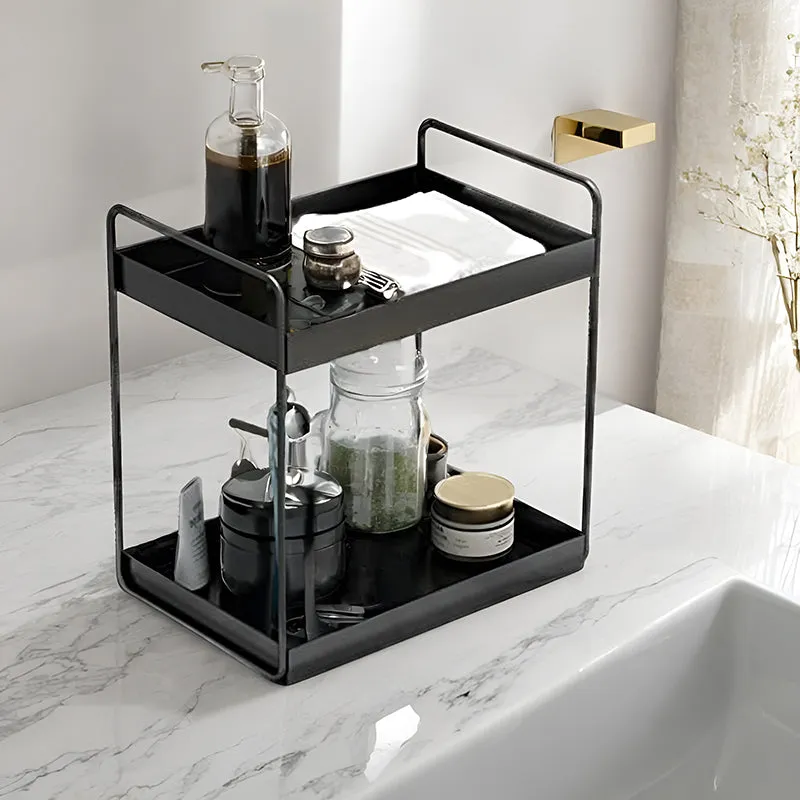 Black two-tier storage rack on a marble bathroom counter