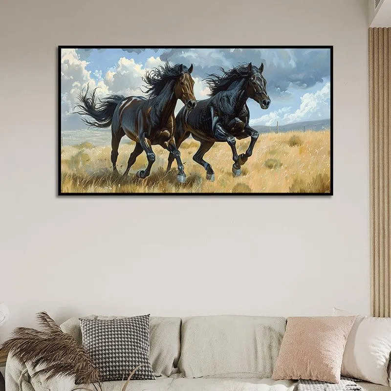 Ebony Duo Stallions Canvas Wall Painting With Frame - Black media 3