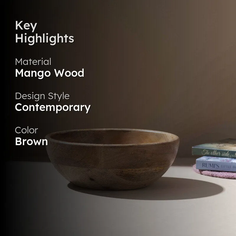 Brown mango wood serving bowl shown with product highlights