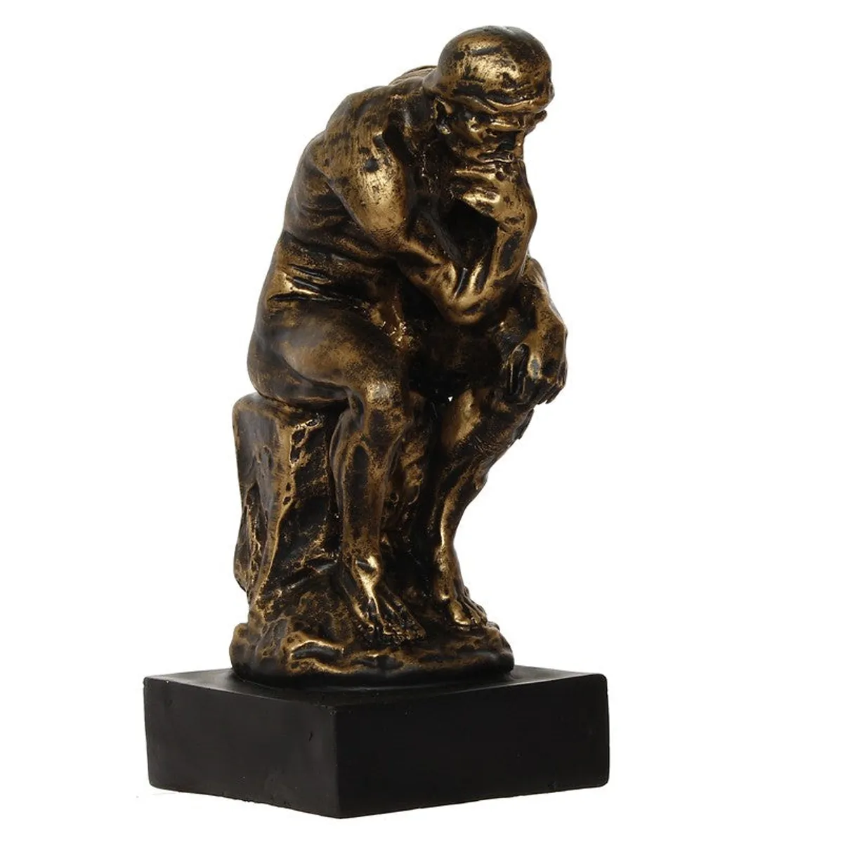 Side view of gold and black thinker figurine with textured finish