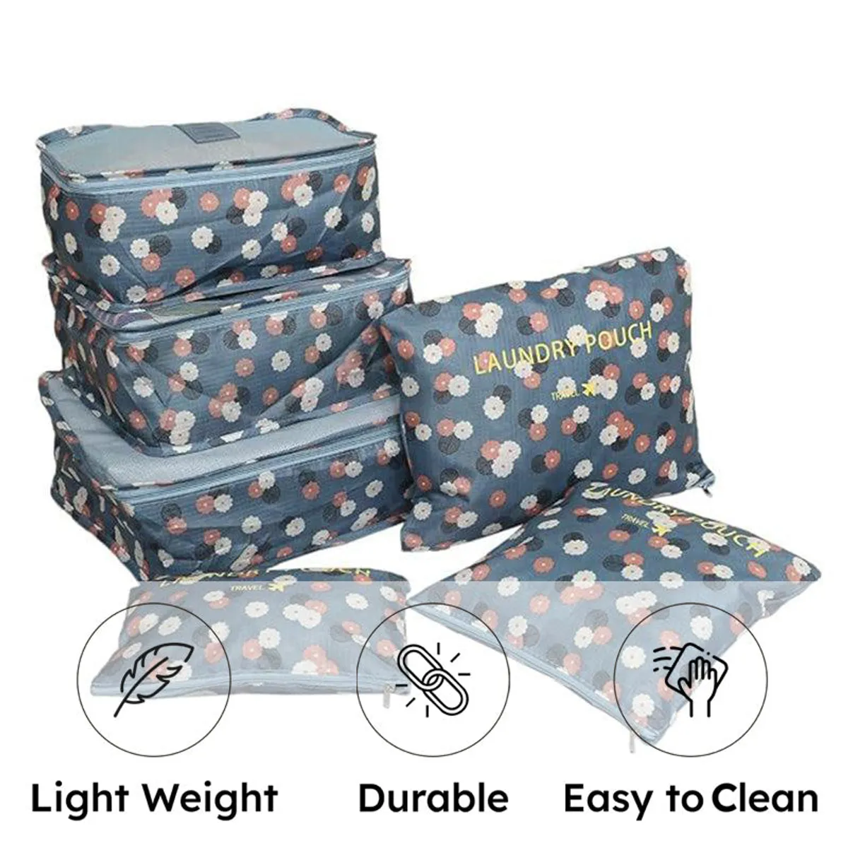 Six blue floral travel organisers arranged together